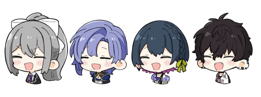 2boys, 2girls, black_hair, black_jacket, blazer, blush_stickers, bow, braid