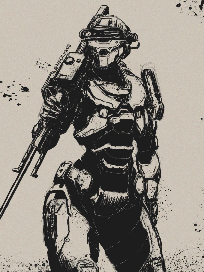 1girl, absurdres, anti-materiel_rifle, armor, artist_name, brown_theme, commentary, english_commentary