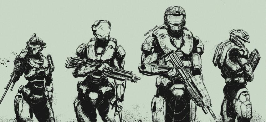 2boys, 2girls, absurdres, anti-materiel_rifle, armor, artist_name, assault_rifle, assault_visor