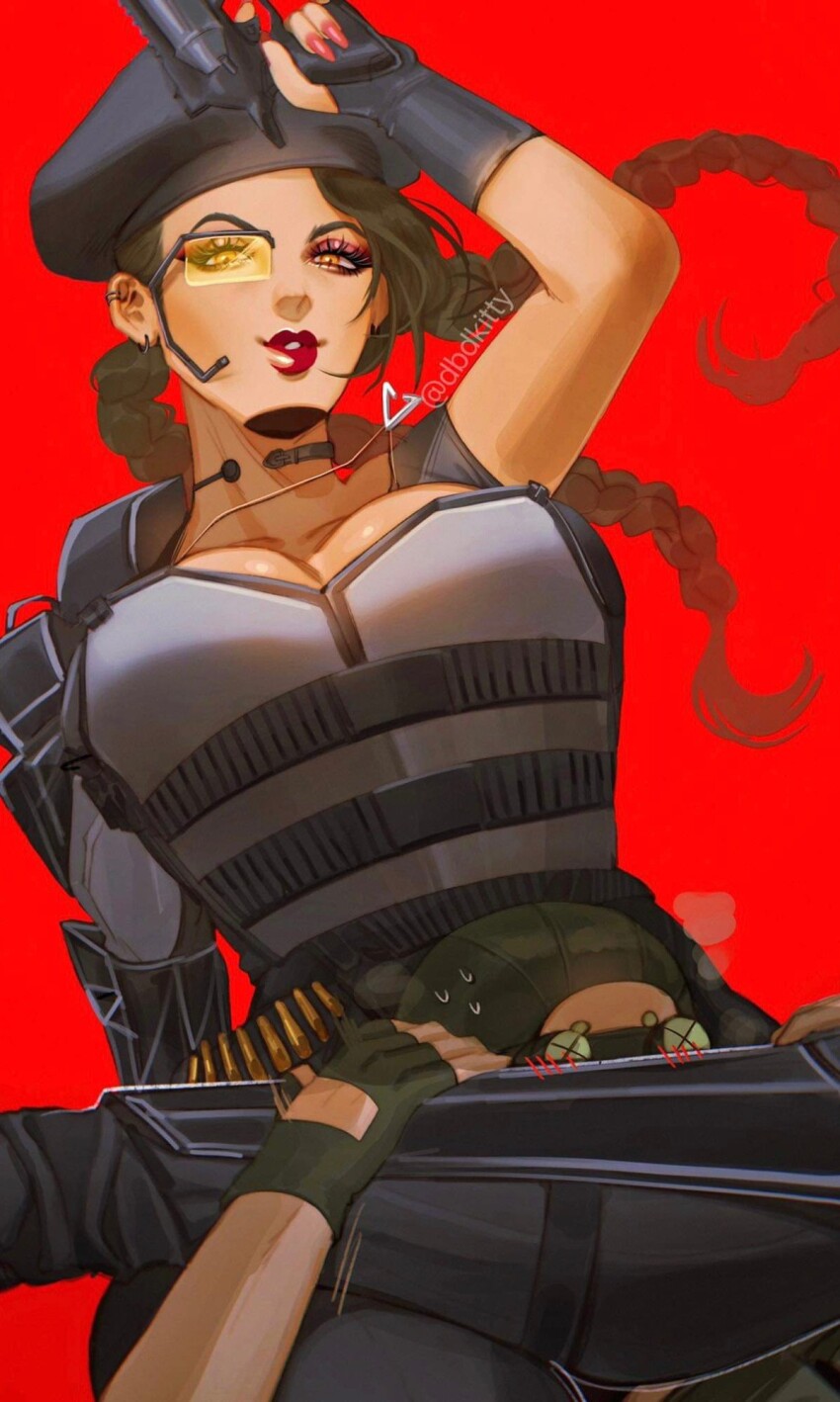 1boy, 1girl, apex_legends, arms_dealer_loba, aviator_cap, b3_wingman, beret, black_gloves, black_hat, blush, braid, breasts, brown_eyes, brown_hair, choke_hold, cleavage, commentary, english_commentary, eyeshadow, floating_hair, gloves, goggles, grey_shirt, gun, handgun, hat, highres, holding, holding_gun, holding_weapon, kitty_keihara, large_breasts, loba_(apex_legends), looking_at_viewer, makeup, octane_(apex_legends), official_alternate_costume, parted_lips, red_background, red_eyeshadow, red_lips, revolver, shirt, simple_background, single_sleeve, smile, solo_focus, strangling, twin_braids, weapon, x_x