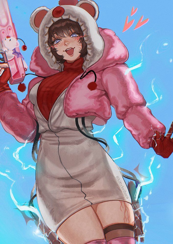 1girl, apex_legends, black_hair, blue_background, blue_eyes, blush, breasts, bright_pupils, commentary, cosplay, cute_weapon, drawstring, electricity, english_commentary, final_fantasy, final_fantasy_vii, final_fantasy_vii_rebirth, final_fantasy_vii_remake, gloves, grey_hoodie, gun, heart, heart-shaped_pupils, holding, holding_gun, holding_weapon, hood, hood_up, hoodie, kitty_keihara, kupo_power_wattson, looking_at_viewer, medium_breasts, moogle, moogle_(cosplay), official_alternate_costume, open_mouth, r-99_smg, red_gloves, red_sweater, ribbed_shirt, shirt, short_hair, smile, solo, submachine_gun, sweater, symbol-shaped_pupils, thighhighs, turtleneck, turtleneck_sweater, twitter_username, wattson_(apex_legends), weapon, white_pupils, yellow_thighhighs