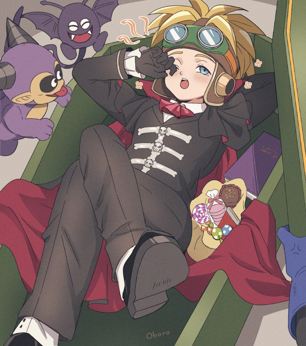 2boys, 2others, anger_vein, arm_behind_head, artist_name, ascot, black_gloves, blonde_hair