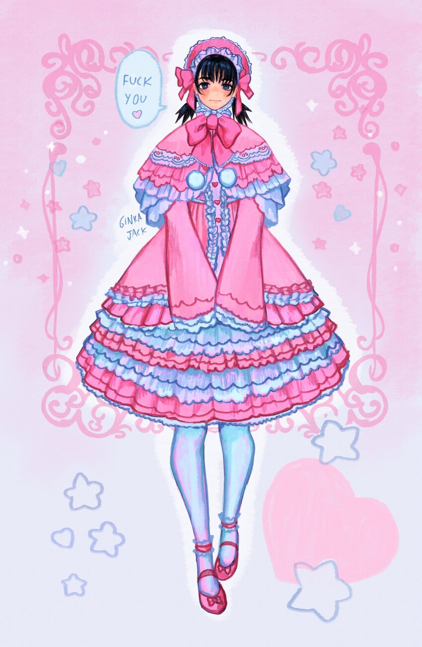 1girl, absurdres, accurate_lolita_coord, alternate_costume, artist_name, black_eyes, black_hair, capelet, chainsaw_man, closed_mouth, dress, english_text, frilled_dress, frilled_headband, frills, full_body, ginka_jack, heart, highres, lolita_fashion, looking_at_viewer, low_twintails, medium_hair, mitaka_asa, pantyhose, pink_capelet, pink_dress, pink_shoes, profanity, shoes, sleeves_past_fingers, sleeves_past_wrists, solo, spoken_heart, standing, star_(symbol), twintails, white_pantyhose