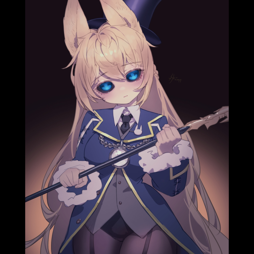 1girl, animal_ears, black_border, black_hat, black_necktie, black_sclera, blonde_hair, blue_coat