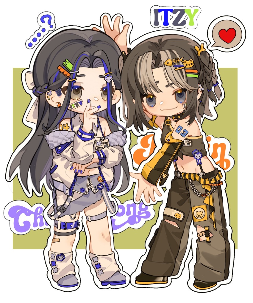 ..., ...?, 2girls, :3, animification, bajiao_ling, black_footwear, black_hair