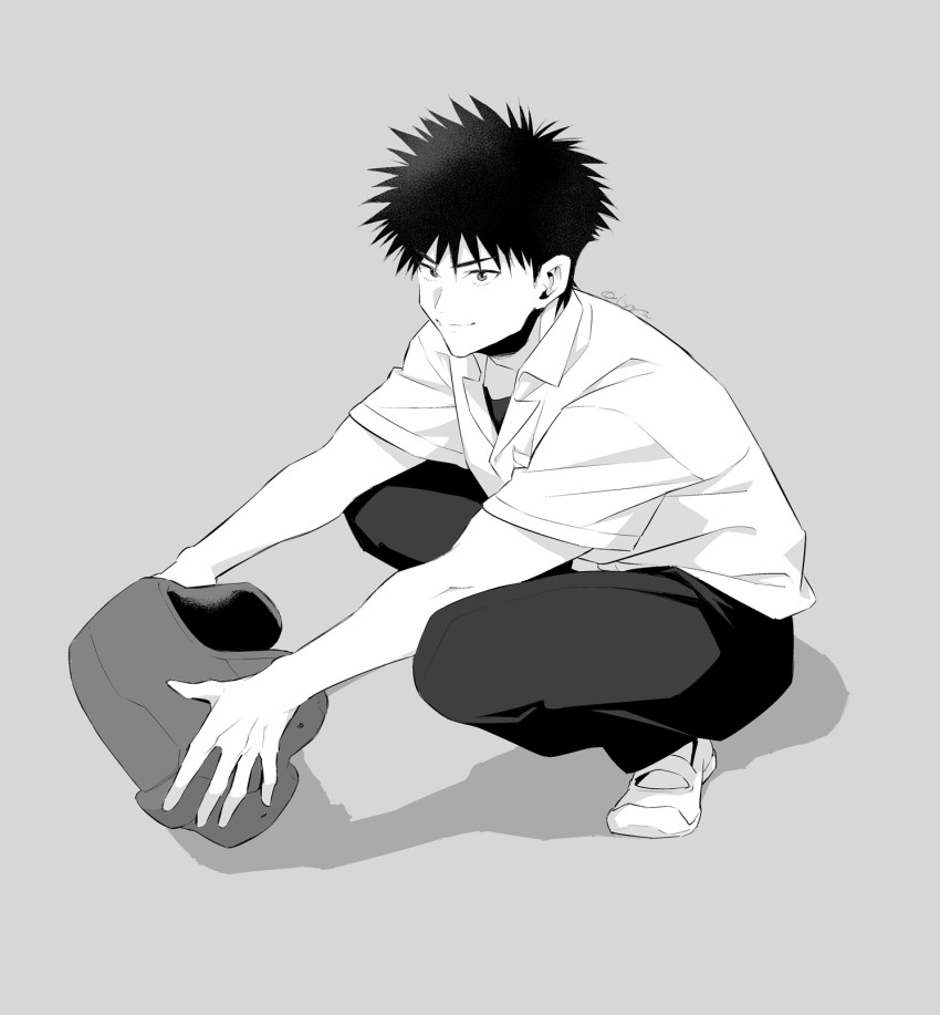 1boy, collared_shirt, commentary_request, full_body, headgear, highres, holding_headgear, male_focus