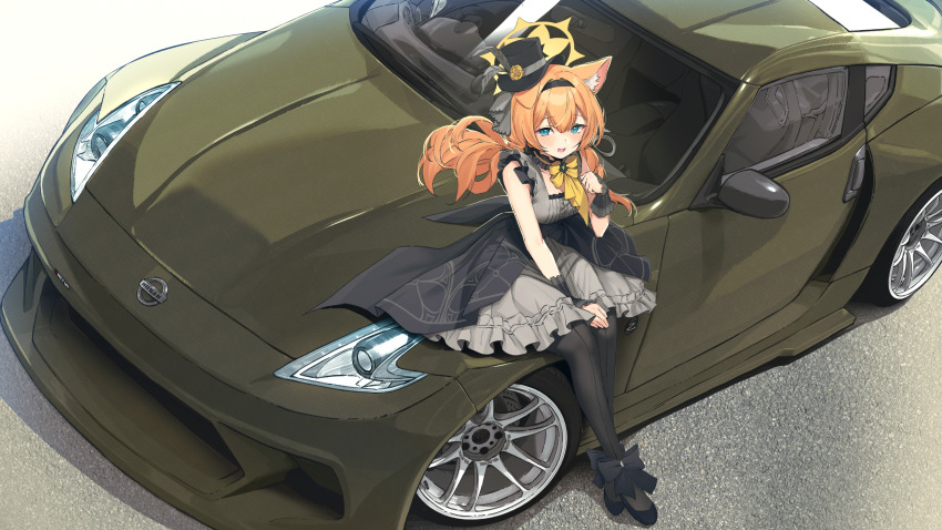 1girl, animal_ears, black_dress, black_hat, black_pantyhose, blue_archive, blue_eyes, bow