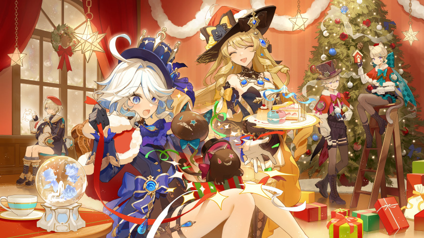 2boys, 3girls, absurdres, ahoge, animal_ears, ascot, asymmetrical_gloves, beret