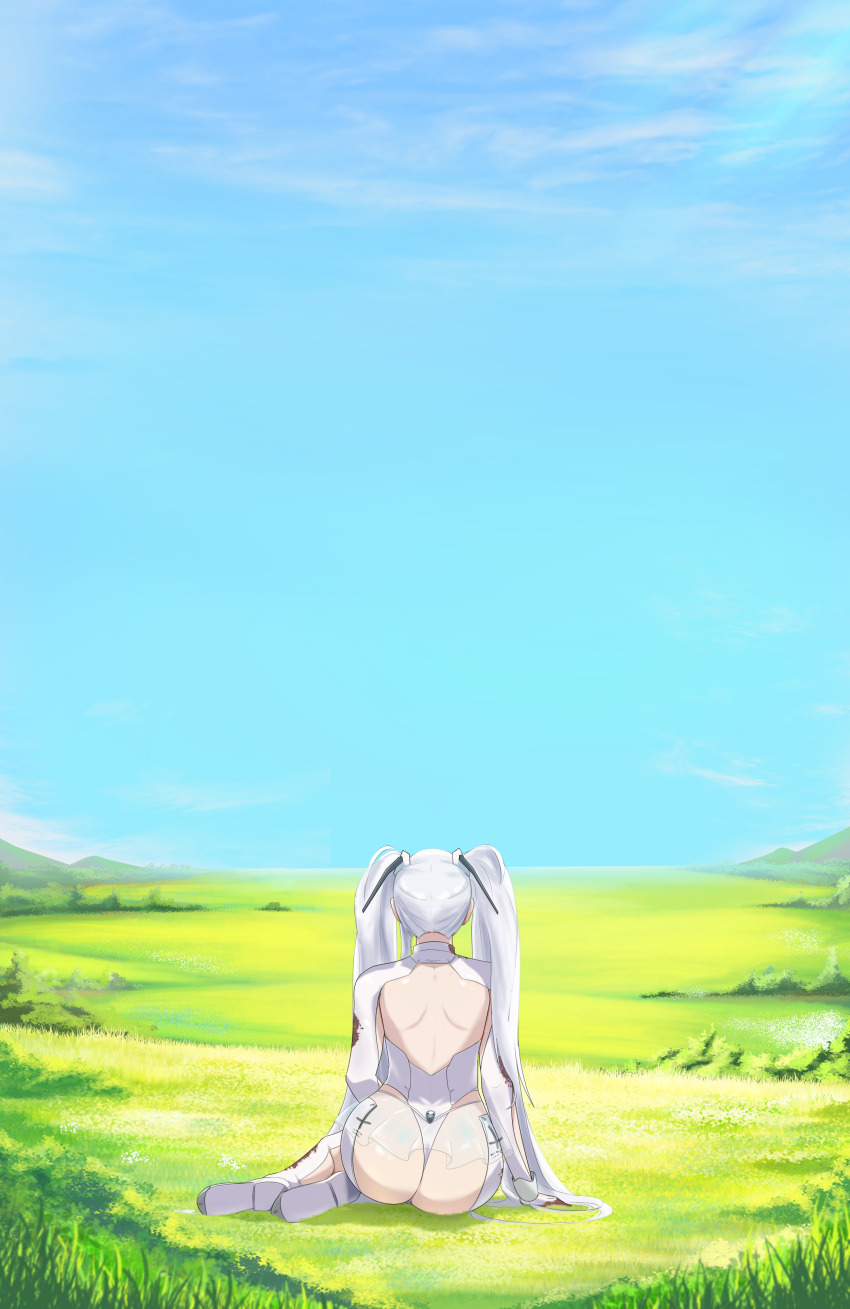 1girl, absurdres, artist_request, ass, bodysuit, cinderella_(nikke), destoroyar, dress, from_behind, gloves, goddess_of_victory:_nikke, grass, hair_ornament, highres, leotard, long_hair, see-through_clothes, see-through_dress, sitting, solo, thighhighs, thong, thong_leotard, twintails, very_long_hair, white_hair, yokozuwari