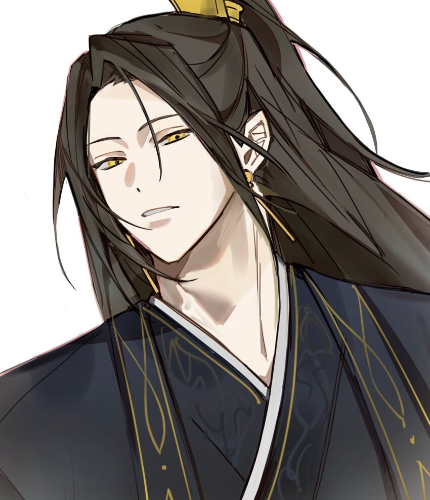 1boy, brown_hair, earrings, gold_earrings, half_updo, high_ponytail, highres, jewelry, jinhongi, korean_clothes, long_hair, looking_at_viewer, male_focus, mmm_29, parted_lips, ponytail, simple_background, solo, upper_body, white_background, yellow_eyes, zaha