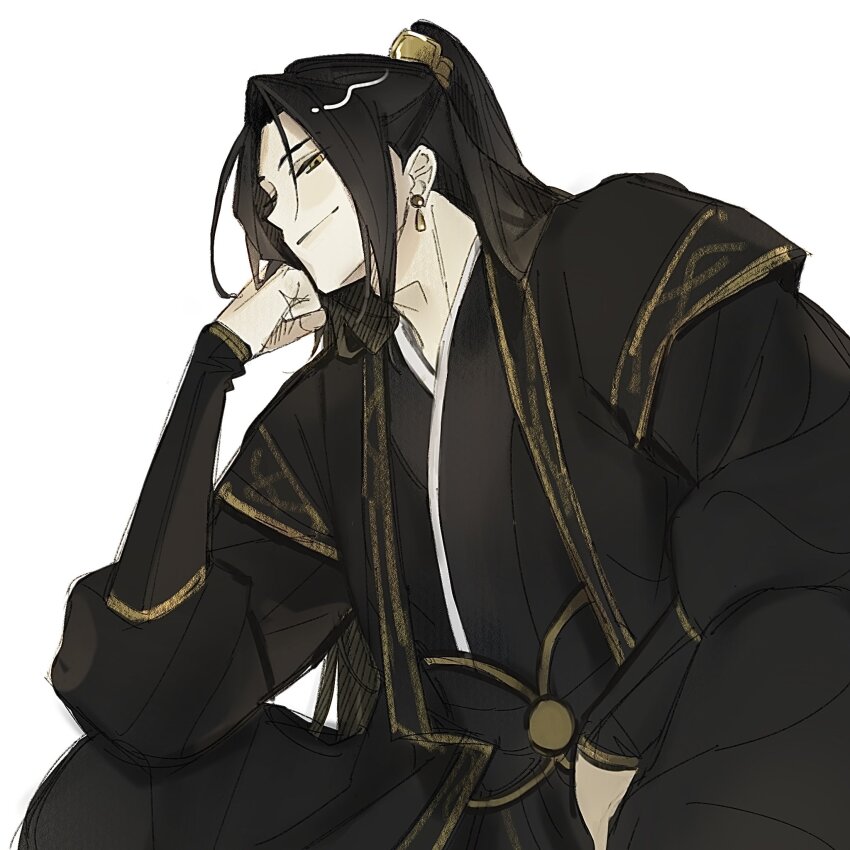1boy, arm_on_knee, black_hair, clenched_hand, closed_mouth, earrings, gold_earrings, half_updo