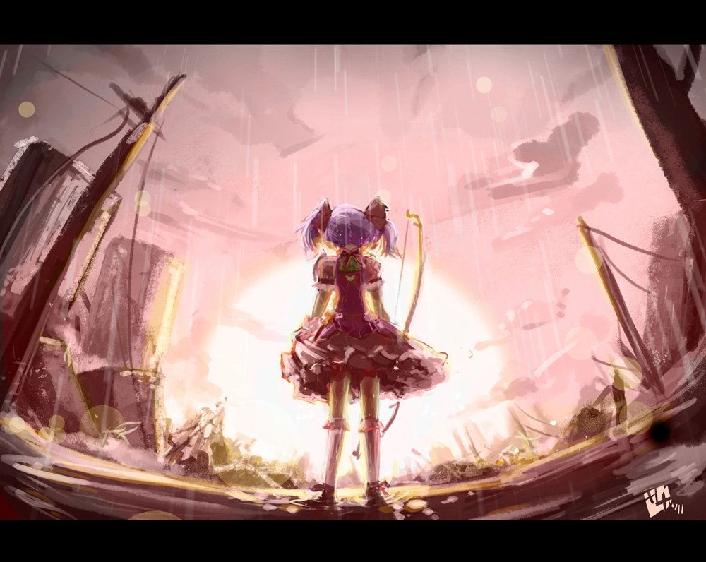 10s, 1girl, bow_(weapon), female_focus, from_behind, hikari151, kaname_madoka, kaname_madoka_(magical_girl)
