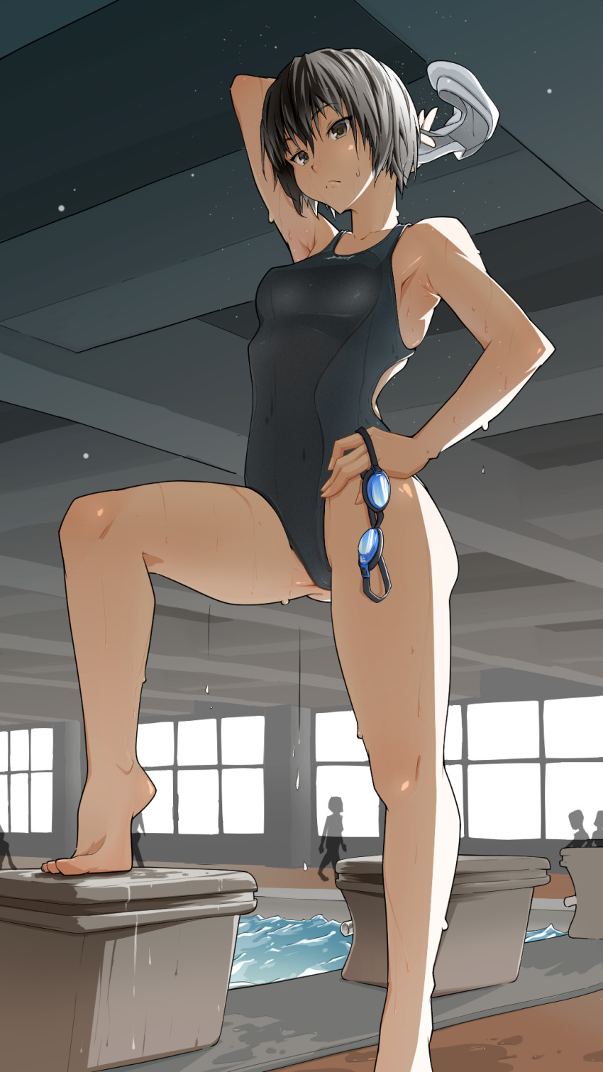 1girl, amagami, arm_up, armpits, bare_shoulders, barefoot, black_hair, black_one-piece_swimsuit, blue_one-piece_swimsuit, breasts, brown_eyes, closed_mouth, collarbone, commentary, competition_swimsuit, covered_navel, cowpersurfer, diving_block, dripping, expressionless, foot_up, from_below, from_side, goggles, hand_on_own_hip, hat, heel_up, highleg, highleg_one-piece_swimsuit, highres, holding, holding_goggles, holding_unworn_clothes, holding_unworn_hat, indoors, light_particles, looking_at_viewer, looking_down, looking_to_the_side, medium_breasts, nanasaki_ai, one-piece_swimsuit, people, pool, poolside, short_hair, solo_focus, swimsuit, toes, unworn_goggles, unworn_hat, unworn_headwear, unworn_swim_cap, water, wet, wet_floor, wet_hair, window