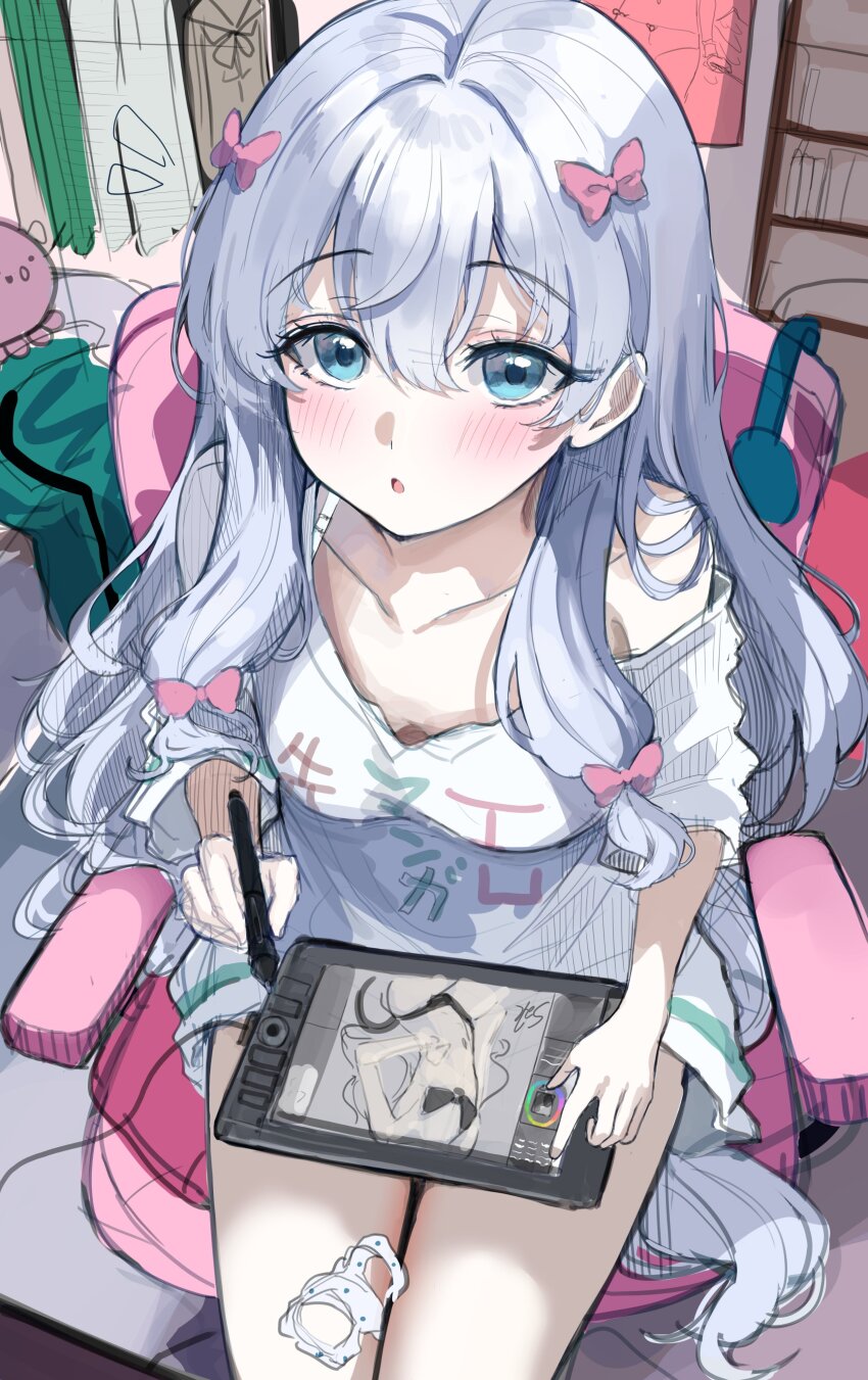 1girl, absurdres, blue_eyes, blue_hair, blush, bow, bra_strap, breasts