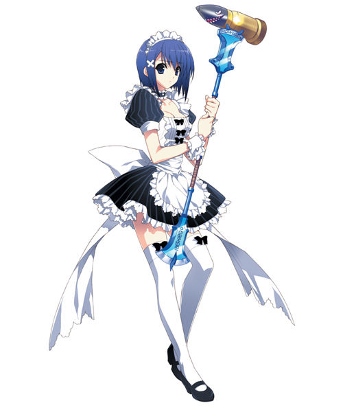 1girl, 5pb., apron, blue_eyes, blue_hair, bullet, choker, cleavage_cutout