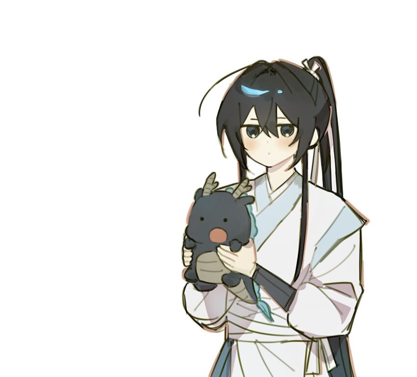 1boy, ahoge, animal, black_hair, blue_eyes, closed_mouth, dot_mouth, dragon