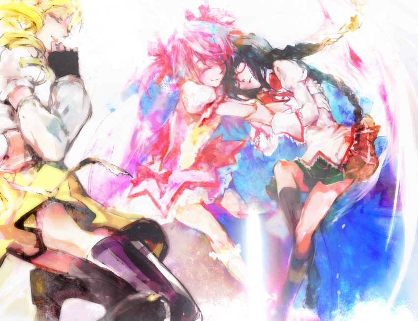 10s, 3girls, ^_^, akemi_homura, bad_id, bad_pixiv_id, black_hair, black_socks