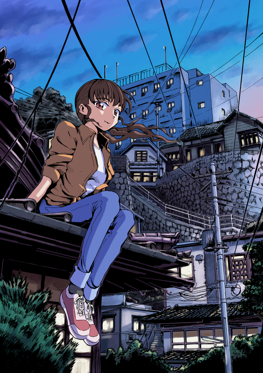 1girl, absurdres, black_socks, blue_pants, brown_eyes, brown_hair, brown_jacket, building, bush, closed_mouth, cloud, dawn, highres, jacket, kagekaku, medium_hair, multicolored_shoes, open_clothes, open_jacket, original, pants, power_lines, railing, scenery, shirt, shoes, sitting, sky, socks, solo, stairs, tree, two-tone_shoes, utility_pole, white_shirt, window