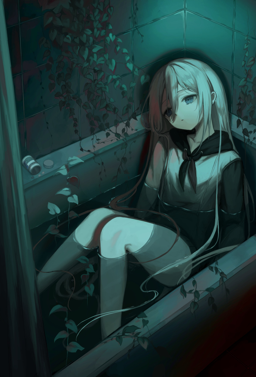 1girl, absurdres, bathroom, bathtub, blank_eyes, blood, blue_eyes, commentary_request