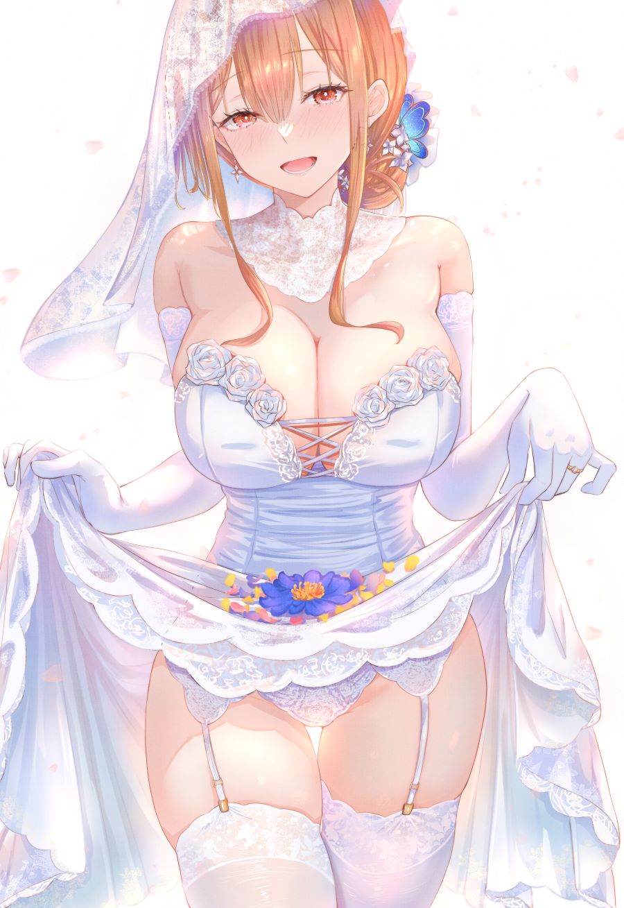 1girl, breasts, bridal_veil, clothes_lift, commentary, detached_collar, dress, dress_lift