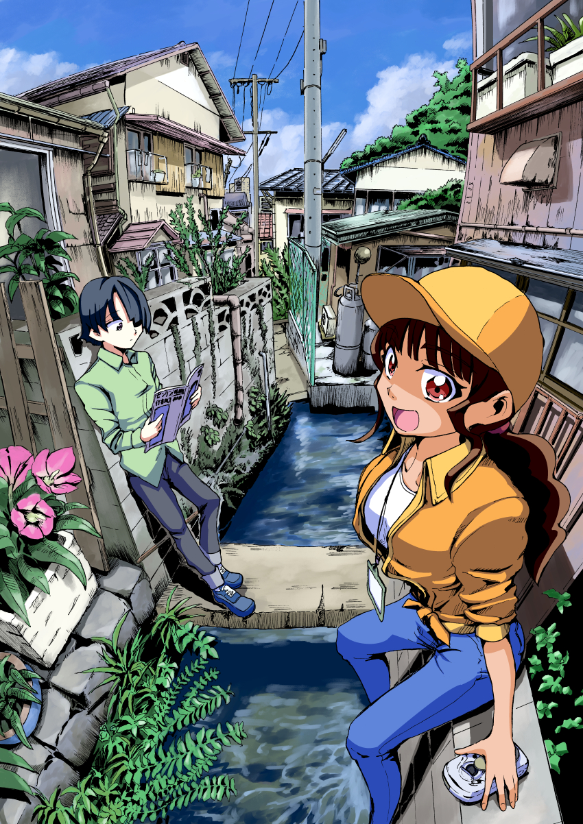 1boy, 1girl, absurdres, black_eyes, black_hair, black_pants, blue_footwear, blue_pants, book, brown_eyes, brown_hair, building, camera, canal, closed_mouth, cloud, dress_shirt, flat_cap, flower, flower_pot, green_shirt, hair_over_one_eye, hat, highres, holding, holding_book, holding_camera, house, jacket, kagekaku, long_hair, long_sleeves, name_tag, open_clothes, open_jacket, open_mouth, orange_hat, orange_jacket, original, pants, power_lines, reading, scenery, shirt, shoes, short_hair, sitting, sky, tree, utility_pole, white_shirt, window
