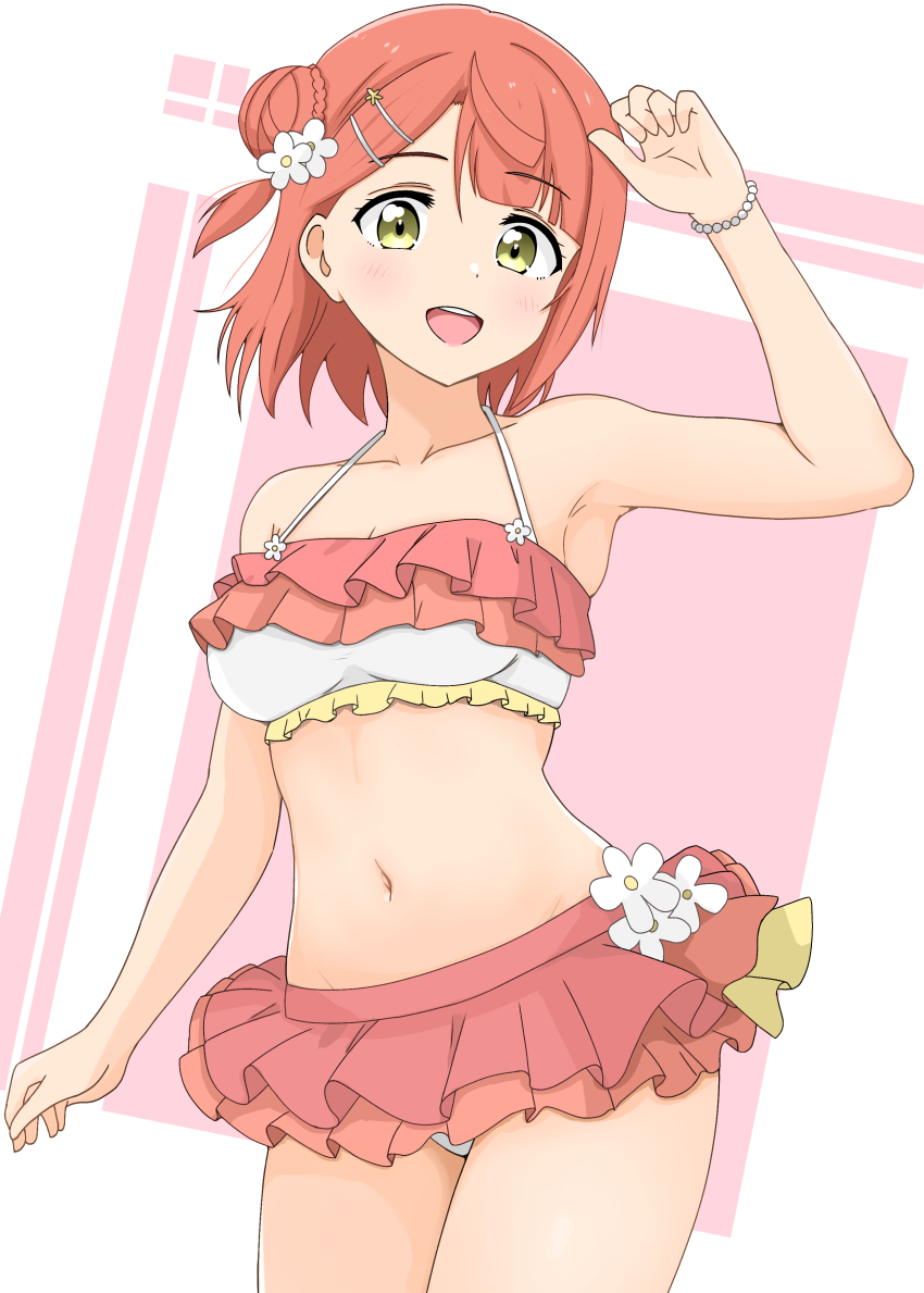 1girl, absurdres, armpits, bikini, bikini_skirt, blunt_bangs, breasts, collarbone, frilled_bikini, frills, green_eyes, hair_bun, hair_ornament, hairclip, highres, kurono_(pixiv1905129), large_breasts, looking_at_viewer, love_live!, love_live!_nijigasaki_high_school_idol_club, navel, open_mouth, short_hair, single_side_bun, smile, solo, stomach, swimsuit, uehara_ayumu, yellow_eyes