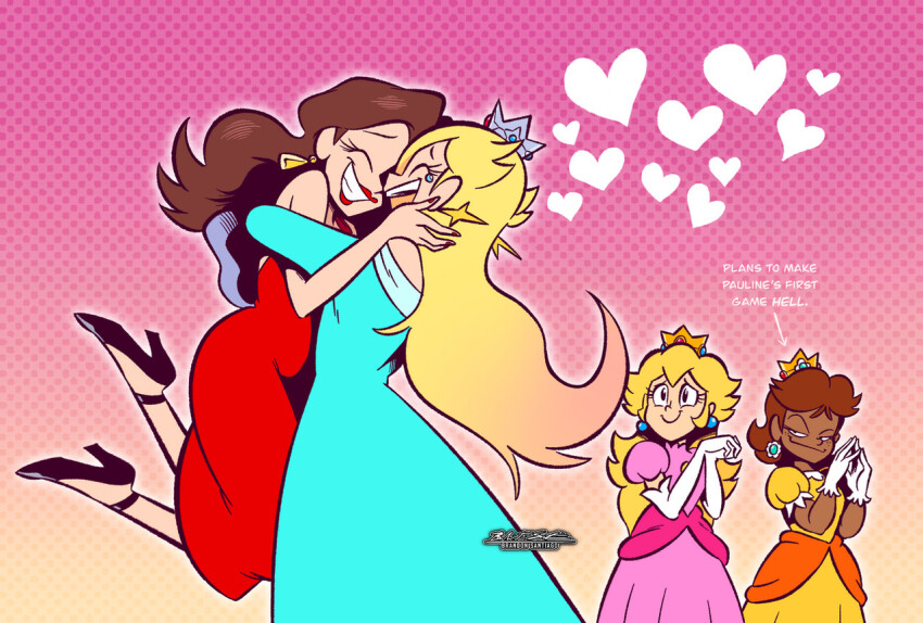 bare_shoulders, blonde_hair, blue_eyes, brandon_santiago, breasts, brown_hair, closed_mouth, colored_skin, crown, dress, earrings, facial_hair, gloves, gold_earrings, hat, heart, holding, jewelry, lipstick, long_hair, long_sleeves, looking_at_viewer, makeup, mario_(series), mario_party, multiple_girls, nintendo, open_mouth, pauline_(nintendo), platform_footwear, platform_heels, princess, princess_daisy, princess_peach, puffy_sleeves, red_lips, rosalina, shoes, short_sleeves, simple_background, smile, star_(symbol), star_earrings, super_mario_party_jamboree, yuri