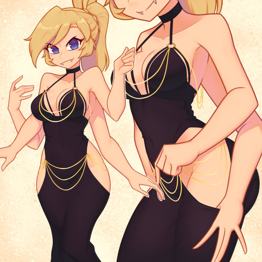1girl, black_dress, blonde_hair, blue_eyes, breasts, closed_mouth, clothing_cutout, collarbone