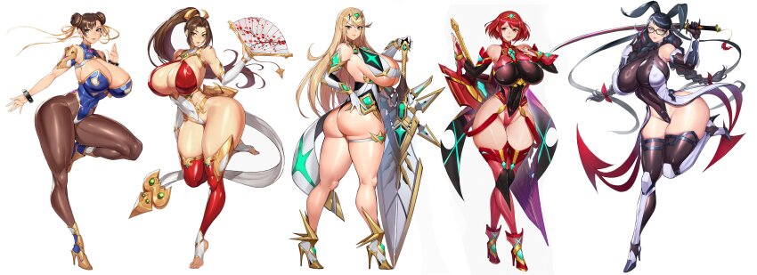 5girls, absurdres, adapted_costume, aegis_sword_(xenoblade), alternate_breast_size, arm_armor, armor, armored_boots
