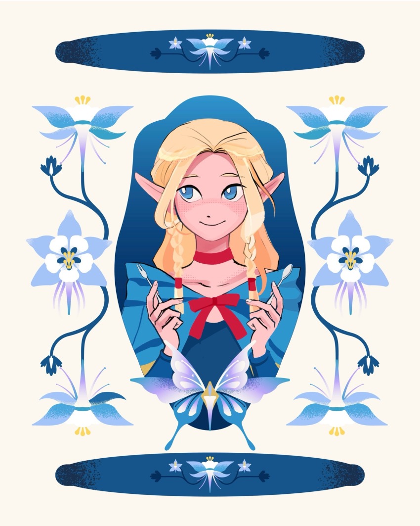 1girl, blonde_hair, blue_cloak, blue_dress, blue_eyes, blue_flower, bow, bowtie