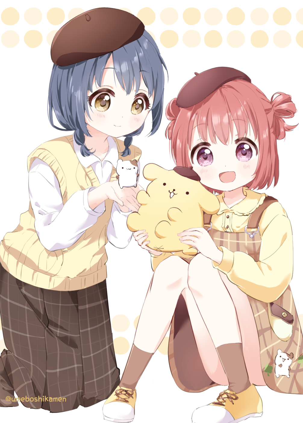 2girls, akaza_akari, beret, blue_hair, blush, braid, brown_eyes, brown_hat, brown_overalls, brown_skirt, brown_socks, buttons, character_doll, character_print, child, closed_mouth, collared_shirt, doll, double_bun, furutani_himawari, hair_bun, hat, highres, kneeling, knees_up, mearian, muffin_(sanrio), multiple_girls, open_mouth, overall_skirt, overalls, plaid_clothes, plaid_skirt, pleated_skirt, pocket, polka_dot, polka_dot_background, pompompurin, purple_eyes, red_hair, sanrio, shirt, shoes, sitting, skirt, smile, sneakers, socks, sweater_vest, twin_braids, twitter_username, white_background, white_shirt, yellow_shirt, yellow_shoes, yellow_sweater_vest, yuruyuri