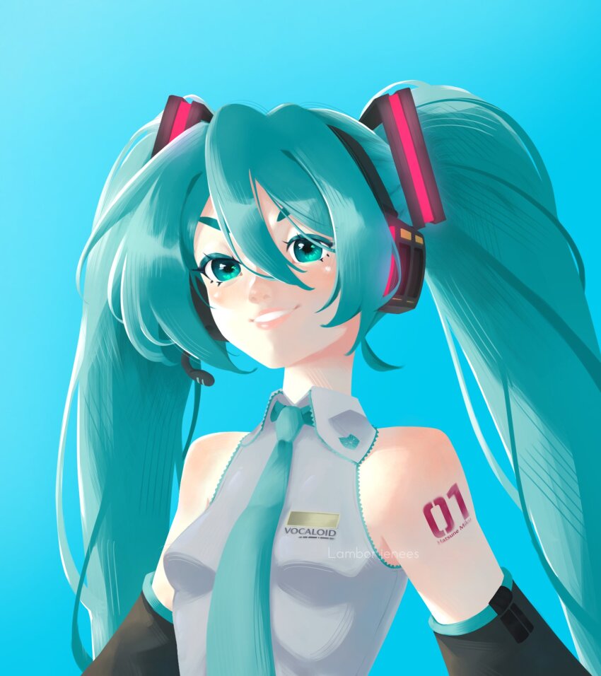 1girl, aqua_background, aqua_eyes, aqua_hair, aqua_necktie, artist_name, bare_shoulders, black_sleeves