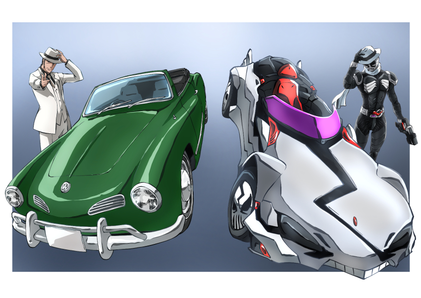 1boy, armor, belt, black_hair, brown_hair, car, dual_persona, fedora