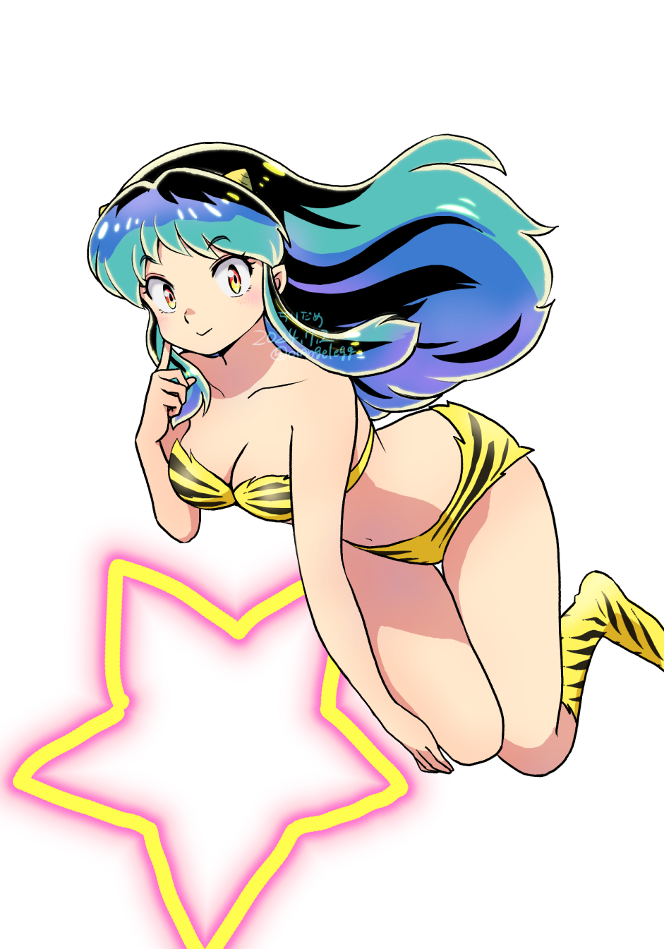 01angelegg, 1girl, animal_print, artist_name, bikini, blue_hair, boots, breasts