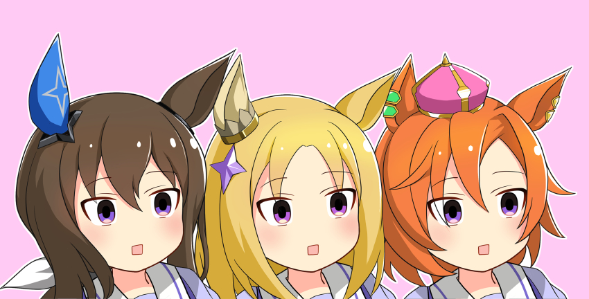 3girls, admire_vega_(umamusume), animal_ears, blonde_hair, brown_hair, crown, ear_covers, gomennasai_nanoda_(meme)