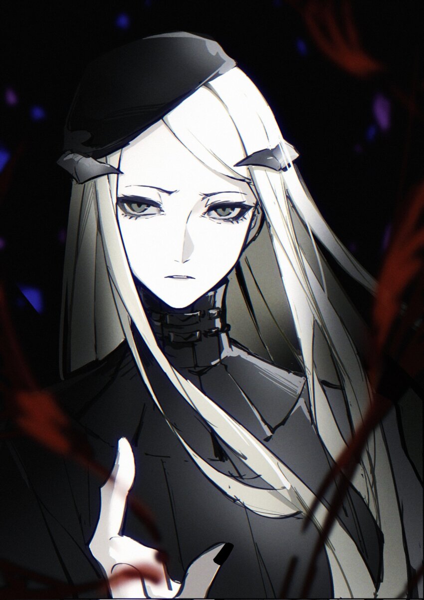 1boy, anxilotus, beret, black_hat, black_shirt, blonde_hair, eyelashes, grey_eyes