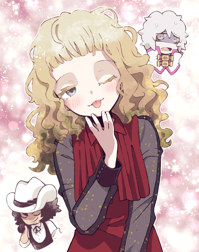 1girl, 2boys, black_hair, blunt_bangs, closed_eyes, commentary_request, cowboy_hat, facial_hair