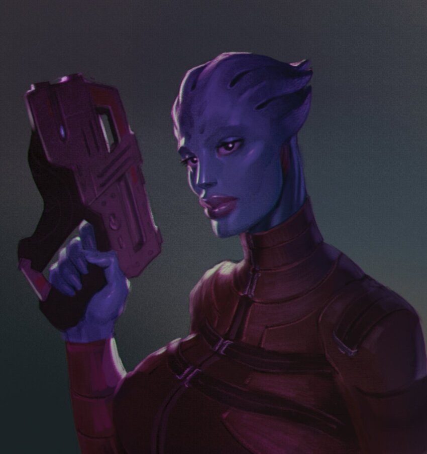 1girl, alien, asari_(mass_effect), bodysuit, brown_bodysuit, colored_skin, film_grain, grey_background