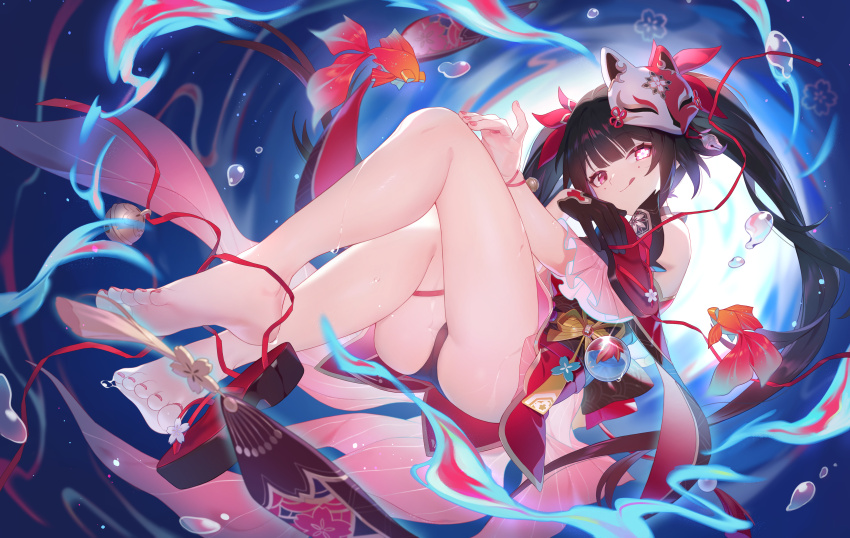 1girl, :q, absurdres, ass, barefoot, birthday_miaoke, black_gloves, black_panties