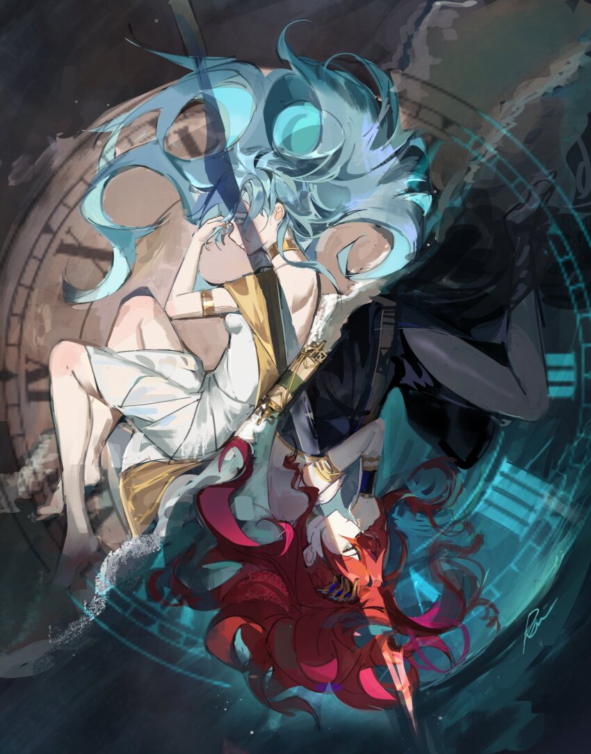 2girls, 37_(reverse:1999), analog_clock, ancient_greek_clothes, armlet, bare_shoulders, barefoot, black_dress