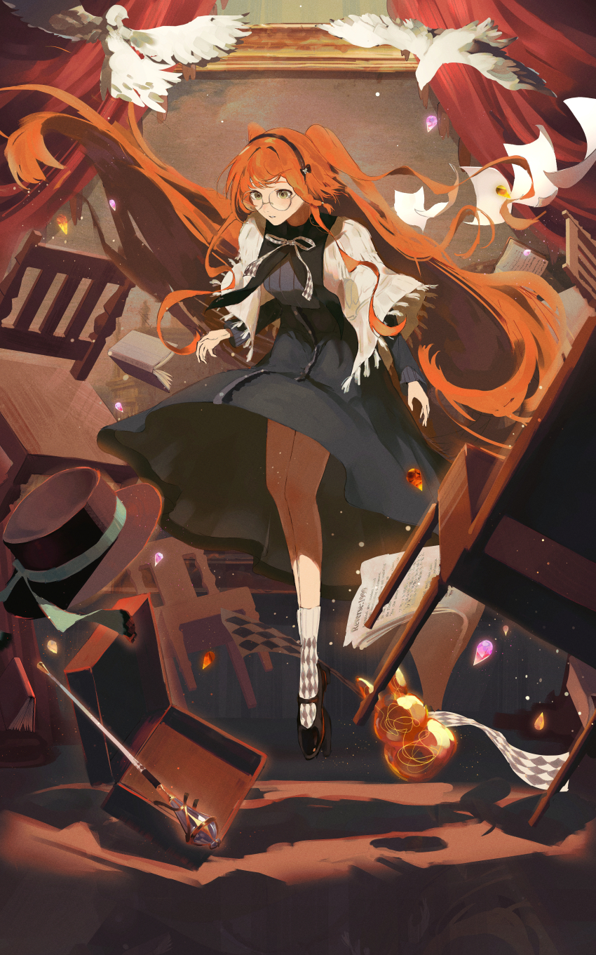 1girl, absurdres, amamiyadagashi, bird, black_bow, black_hairband, black_hat, black_shoes