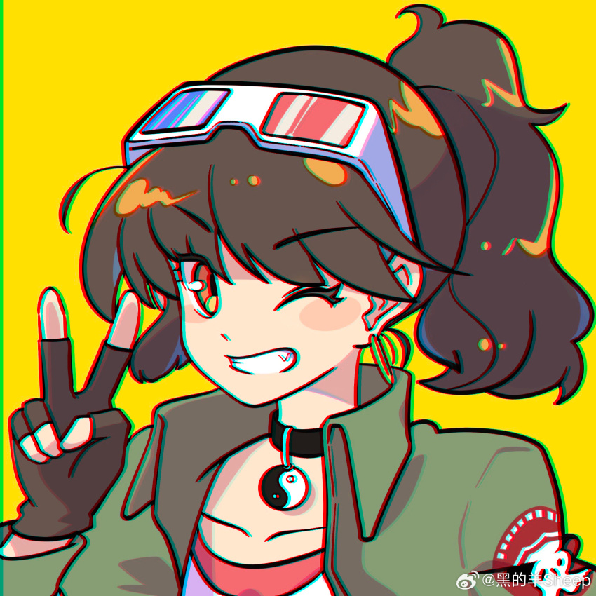 1girl, 3d_glasses, an-an_lee, black_choker, black_gloves, black_hair, choker, chromatic_aberration, earrings, eyewear_on_head, fang, fingerless_gloves, gloves, green_jacket, grin, hand_up, hei_de_yang_sheep, highres, jacket, jewelry, ponytail, portrait, reverse:1999, smile, solo, v, v-shaped_eyebrows, watermark, weibo_watermark, yellow_background, yellow_eyes, yin_yang