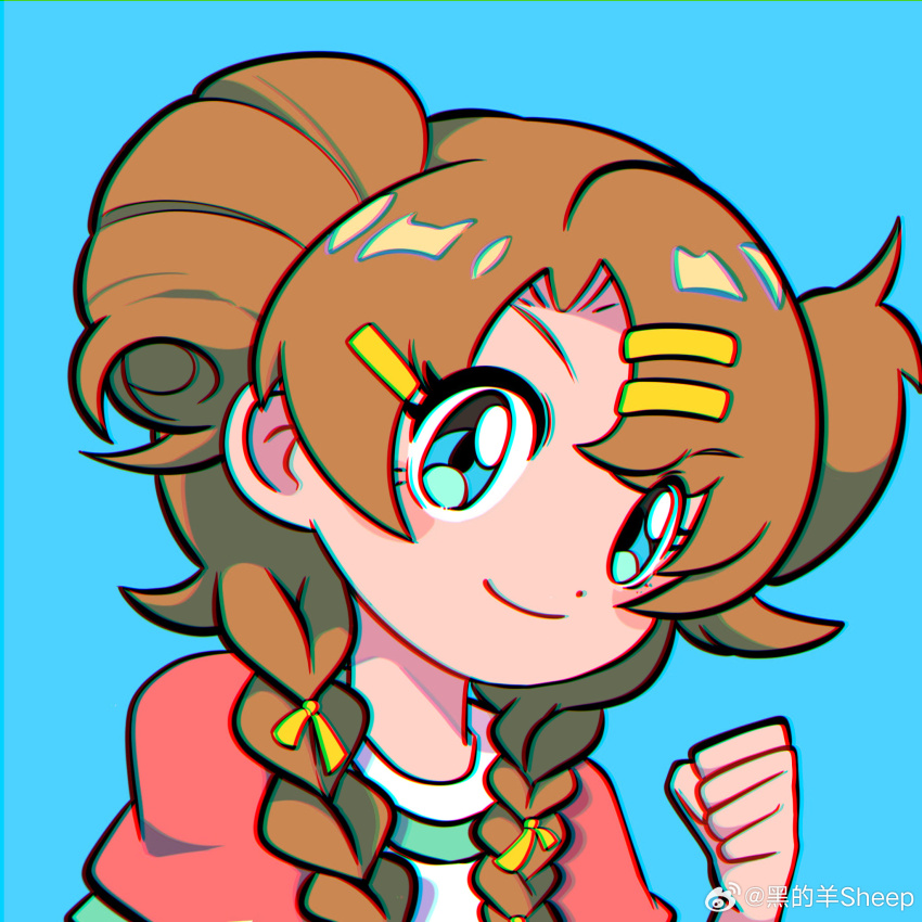 1girl, blue_background, blue_eyes, braid, brown_hair, chromatic_aberration, clenched_hand, double_bun, hair_bun, hair_ornament, hairclip, hand_up, hei_de_yang_sheep, highres, long_hair, looking_at_viewer, portrait, reverse:1999, shirt, short_sleeves, smile, solo, spathodea_(reverse:1999), t-shirt, twin_braids, watermark, weibo_watermark