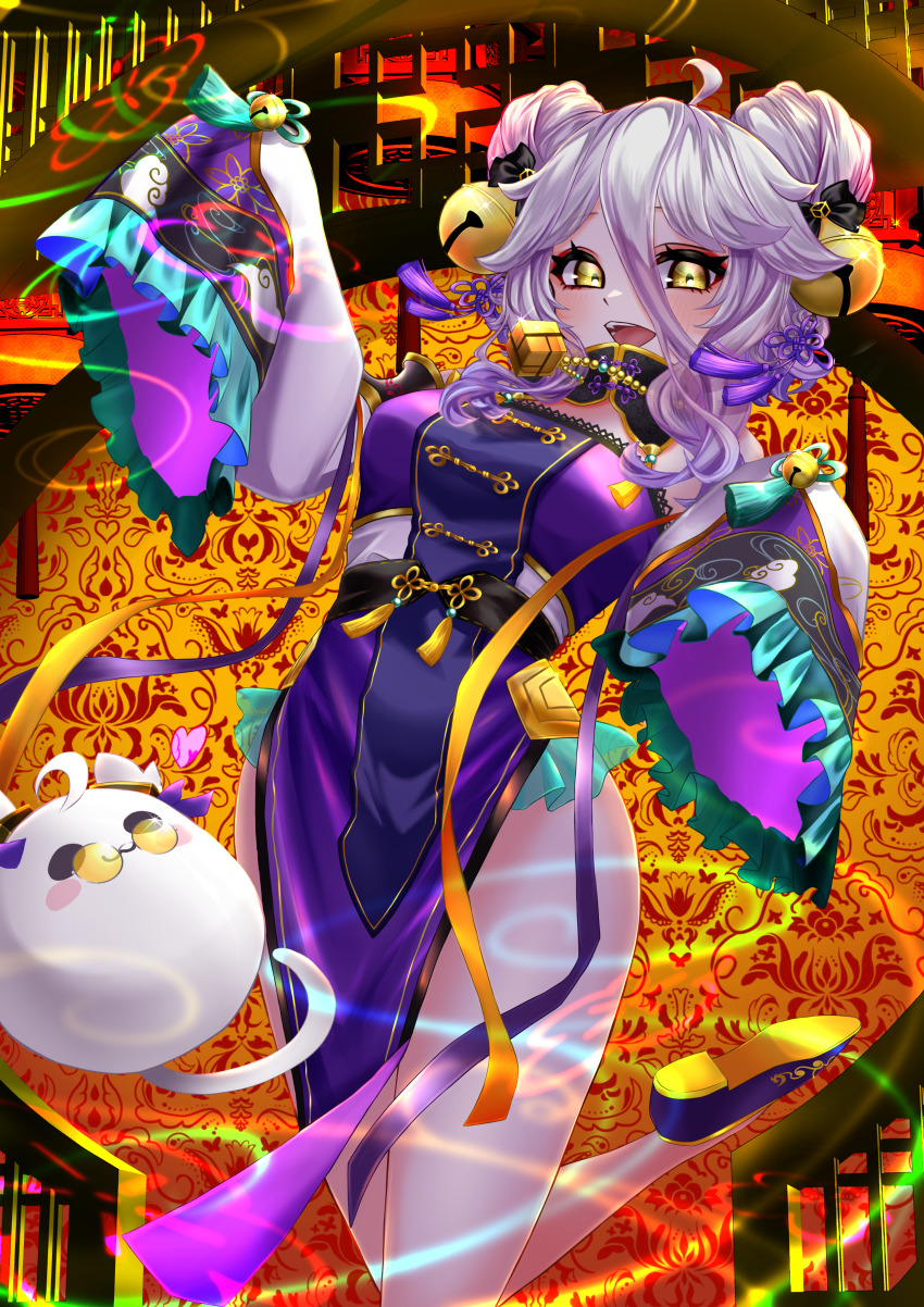 1girl, absurdres, ahoge, bell, blush, breasts, china_dress, chinese_clothes