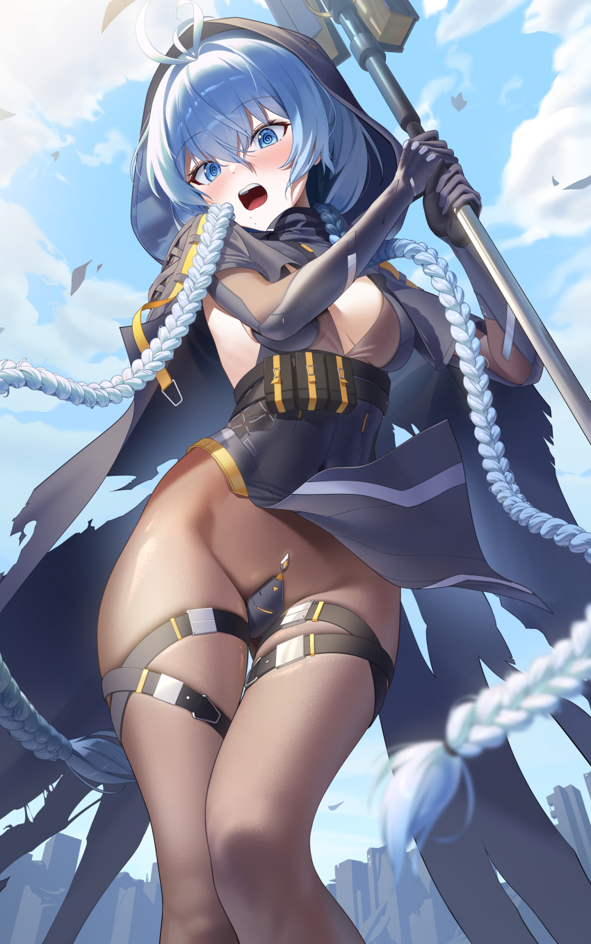 1girl, @_@, absurdres, anila_(counter:side), antenna_hair, belt, black_cloak, black_gloves, blue_eyes, blue_hair, blue_sky, blurry, blurry_foreground, blush, braid, breasts, cleavage_cutout, cloak, clothing_cutout, cloud, cloudy_sky, commentary, counter:side, covered_groin, day, elbow_gloves, embarrassed, english_commentary, from_below, gloves, hair_between_eyes, hair_intakes, highres, holding, holding_staff, hood, hood_up, hooded_cloak, long_hair, low_twin_braids, manda_(luts7602), medium_breasts, mole, mole_under_mouth, multiple_moles, open_mouth, outdoors, pantyhose, pelvic_curtain, pouch, raised_eyebrows, sideboob, sky, skyline, solo, staff, teeth, thigh_belt, thigh_strap, thighs, torn_cloak, torn_clothes, twin_braids, two-handed, underbust, upper_teeth_only, very_long_hair, wind, wind_lift