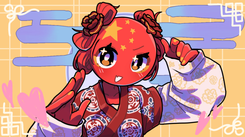 banbi, brown_eyes, china, chinese_clothes, chinese_commentary, colored_skin, commentary, countryhumans, english_commentary, fang, flower, hair_flower, hair_ornament, hanfu, heart, layered_shirt, mixed-language_commentary, original, people's_republic_of_china_flag, red_flower, red_rose, red_skin, rose, shuangyaji, skin_fang, smile, star_(symbol), upper_body, whk, yellow_nails
