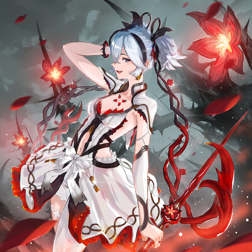 1girl, absurdres, arm_up, asymmetrical_clothes, black_eyes, black_ribbon, breasts, camellya_(wuthering_waves)