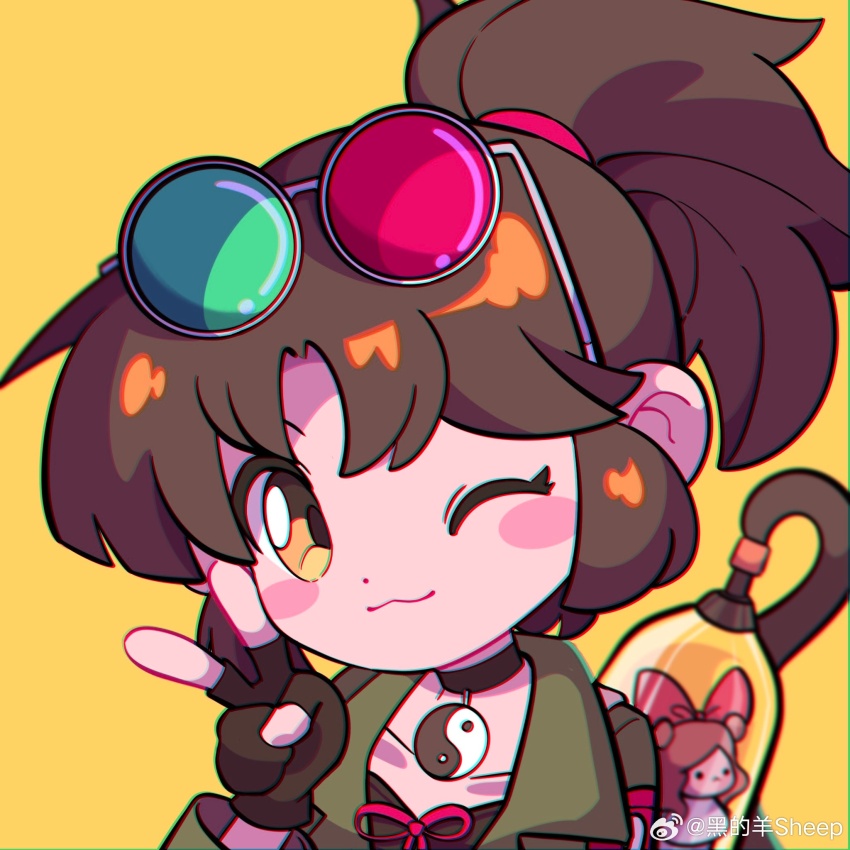 1girl, ;3, an-an_lee, bell_jar, black_choker, black_gloves, black_hair, black_shirt