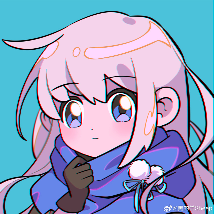 1girl, adjusting_scarf, bkornblume, black_gloves, blue_background, blue_eyes, blue_scarf, chromatic_aberration