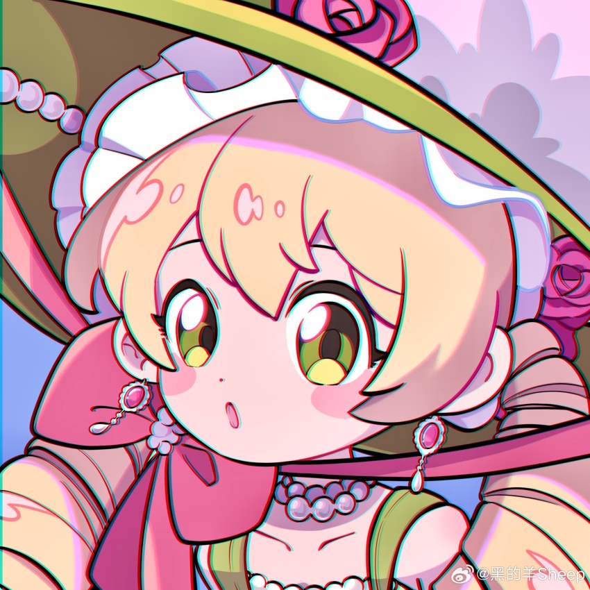 1girl, :o, bare_shoulders, blonde_hair, blue_background, bow, chinstrap, chromatic_aberration